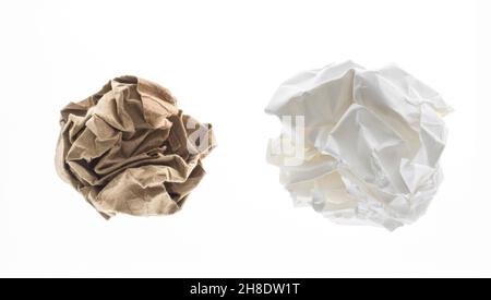 Collection of crumpled balls from vintage paper, white and yellow kraft paper. Isolated on white background. Concept for businnes, banner, web site an Stock Photo