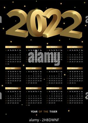 Wall calendar for 2022. Gold numbers on a black background Stock Vector