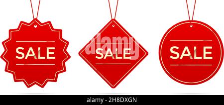 Vector set of different shape red sale tags with golden details, hanging on white background. Stock Vector