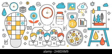 Business development and creative management. Office leader creates financial projects, digital content generation, financial schema and outsource in infographic concept banner, thin line art design Stock Vector