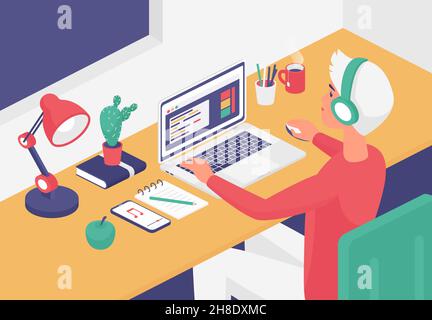 Isometric man with headphones working on home office laptop vector illustration. Cartoon 3d young businessman or student man character sitting at table by window to remote work or study background Stock Vector
