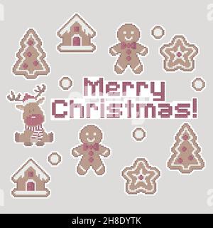 christmas cross stitch gingerbread sticker set Stock Vector