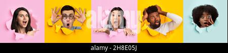 Shocked cheerful funny young multiracial men and women with open mouth Stock Photo