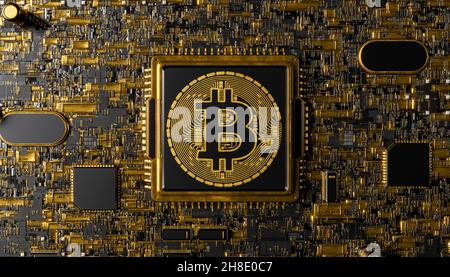 top view of a processor with Bitcoin symbol on a gold plated circuit board. concept of cryptocurrencies, mining, trading, exchange, business. 3d rende Stock Photo