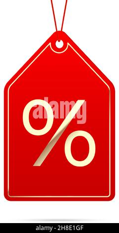 Red sale tag with a golden percentage sign, isolated on background. Price discount badge vector template. Stock Vector