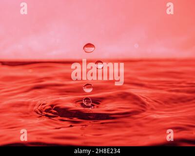 A red drop drips into the water and creates splashes of different shapes, due to the splashes waves are created on the water, the concept of a liquid Stock Photo