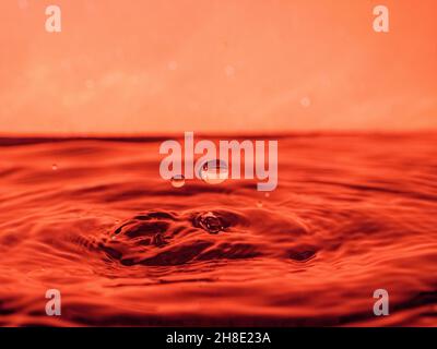 A red drop drips into the water and creates splashes of different shapes, due to the splashes waves are created on the water, the concept of a liquid Stock Photo