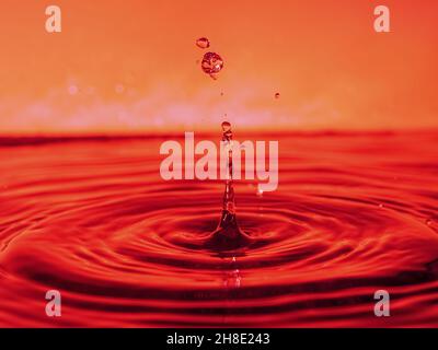 A red drop drips into the water and creates splashes of different shapes, due to the splashes waves are created on the water, the concept of a liquid Stock Photo