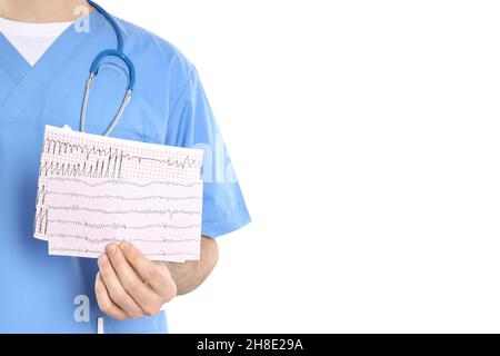 Intern doctor holding cardiogram, isolated on white background Stock Photo