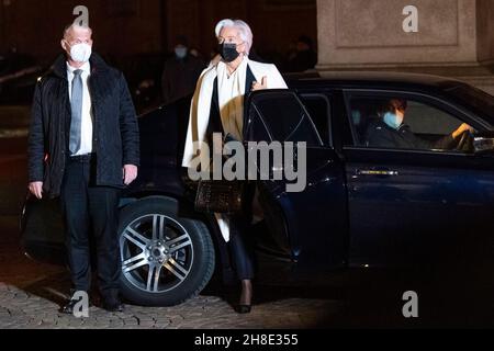 Turin, Italy. 29 November 2021. Christine Lagarde, President of the European Central Bank, arrives at Teatro Carignano (Carignano Theatre) for a lectio magistralis. Credit: Nicolò Campo/Alamy Live News Stock Photo