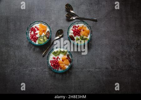 Popular dessert item fruit salad in a bowl. Top view. Stock Photo