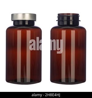 Bottle with brown plastic insulated on white. Silver cap Stock Photo