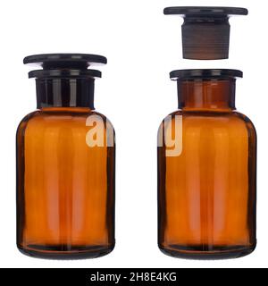 Vintage pharmacy amber bottle, isolated. Old medicine bottle on white background. Stock Photo