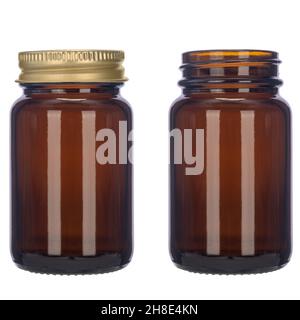 Bottle with brown glass insulated on white. Gold cap Stock Photo
