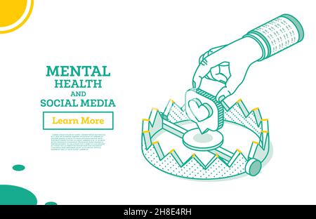Isometric Outline Trap with Social Media Heart. Like Symbol. Vector Illustration. Mental Health Concept and Social Media. Isolated on White Background Stock Vector
