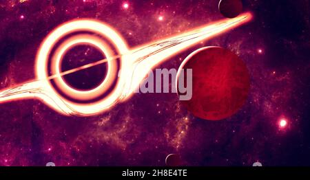 View of a black hole, asteroids and meteorites in motion. Expanding universe, galaxies. Sci-fi. 3d rendering Stock Photo