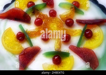 close-up of a Sicilian Cassata, a typical dessert made with almond paste and candied fruit Stock Photo