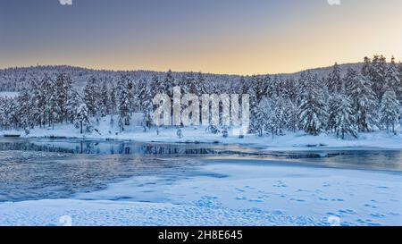 Winter sunset by the frozen river with forest covered snow and sun reflection on water. No people. Norway, Europe. Stock Photo