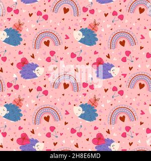 Seamless Valentines Day symbols. Cute pattern with love elements. Cartoon hedgehogs with hearts. Boho rainbows and cherries. Funny wallpaper. Holiday Stock Vector