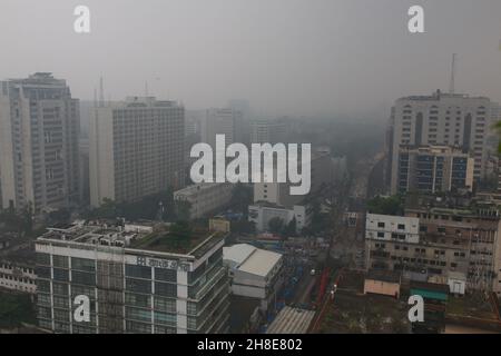 Dhaka city is covered in fog during the winter. Stock Photo