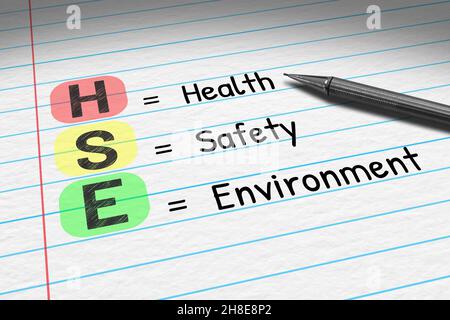 HSE - Health Safety Environment. Business acronym on note pad. Stock Photo