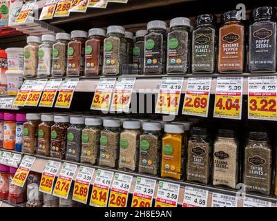 Kirkland, WA USA - circa September 2021: Angled view of spices ans seasonings inside a QFC grocery store. Stock Photo