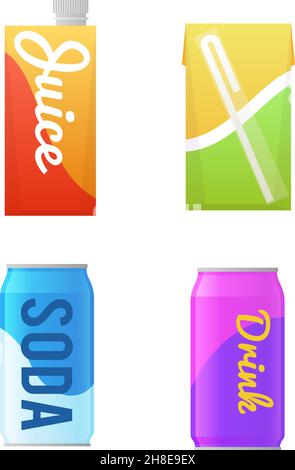 Vending products. Beverages package. Non-alcoholic drinks for automated machine. Refreshment water and juice bottles. Carbonated soda cans. Vector Stock Vector