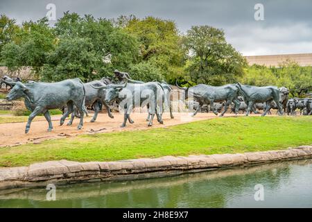 Cattle Drive sculpture by artist Robert Summers in Pioneer Plaza in downtown Dallas, Texas, USA. Stock Photo