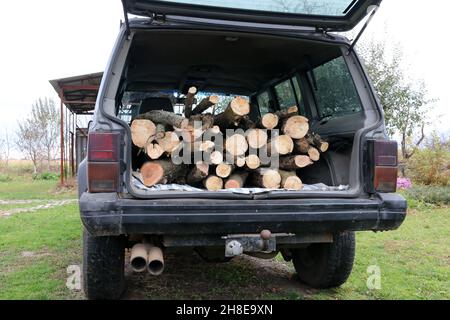 A passenger car loaded with firewood. Preparation of firewood for the winter. Stock Photo