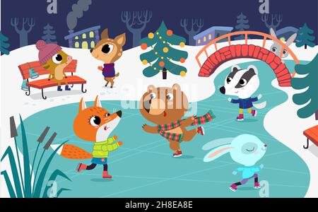 Cute baby animals skate on frozen river. Children have fun in the winter. Little fox, rabbit, badger and bear have fun in the ice rink. Holiday winter Stock Vector