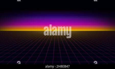 Retro 1980s style background with vibrant neon gradient sunset sky and pink grid with diminishing perspective. Copy space. 4k resolution. Stock Photo