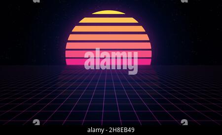 Retro 1980s style background with colorful striped sun or planet, starry night sky and purple grid with diminishing perspective. Copy space. Stock Photo