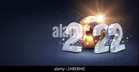Happy New Year 2022 greeting card : silvery date numbers with a gold earth globe, shining on a black background - 3D illustration