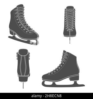 Set of black and white images with skates for figure skating. Isolated vector objects on a white background. Stock Vector