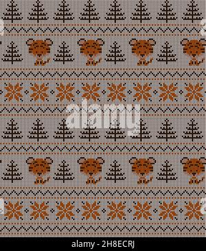 Knitted Christmas and New Year pattern in Tiger. Wool Knitting Sweater Design. Wallpaper wrapping paper textile print. Eps 10 Stock Vector