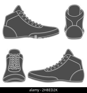 Set of black and white illustrations with wrestling shoes, sports shoes. Isolated vector objects on a white background. Stock Vector