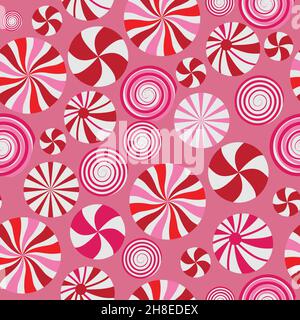Pink, red, and white seamless repeating pattern. Candy mints holiday theme vector illustration background. Stock Vector