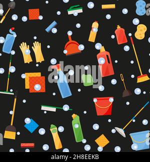 Assorted cleaning items set with brooms, bucket, mops, spray, brushes, sponges. Seamless pattern Eps 10 Stock Vector