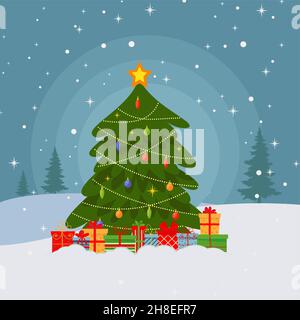 Christmas tree postcard with gifts. Flat style Stock Vector