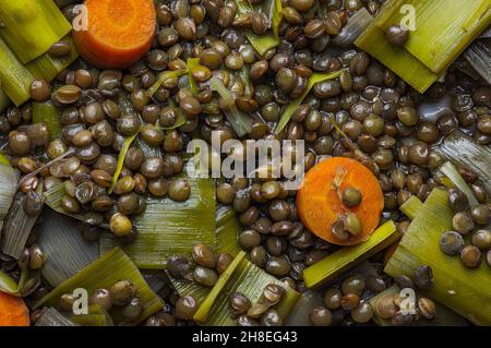 French green lentils (le puy green lentils PDO, AOC) (Lens esculenta puyensis ) with leek and carrot. top view macro detail backdrop close-up cooked Stock Photo