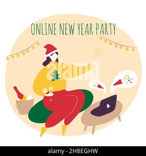 Online New Year party. Celebration in lockdown conditions. Remote friends and family meeting. Video chat. Vector cartoon flat illustration. Stock Vector