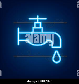 Eco dripping tap with drop neon icon. Glowing bright icon Faucet Research. Vector stock illustration. Stock Vector