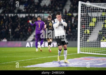 Derby County's Tom Lawrence reacts during the Sky Bet Championship match at Pride Park Stadium, Derby. Picture date: Monday November 29, 2021. Stock Photo