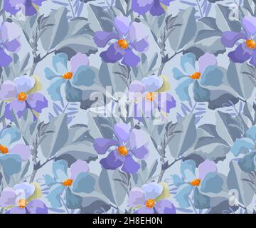 Vector floral seamless background. A pattern with meadow flowers in blue and violet tones.  Stock Vector