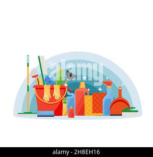 Assorted cleaning items set with brooms, bucket, mops, spray, brushes, sponges. Cleaning accessories flat style. EPS 10 Stock Vector