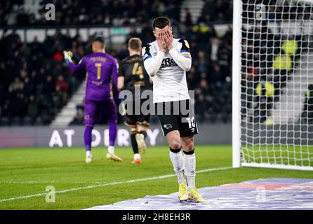 Derby County's Tom Lawrence reacts during the Sky Bet Championship match at Pride Park Stadium, Derby. Picture date: Monday November 29, 2021. Stock Photo