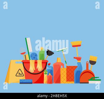 Assorted cleaning items set with brooms, bucket, mops, spray, brushes, sponges. Cleaning accessories flat style. EPS 10 Stock Vector