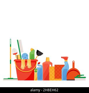 Assorted cleaning items set with brooms, bucket, mops, spray, brushes, sponges. Cleaning accessories flat style. EPS 10 Stock Vector