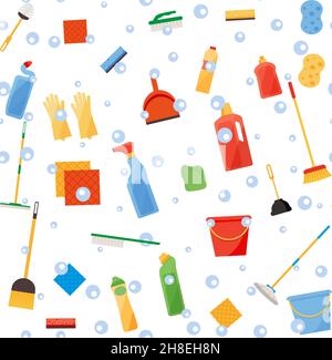 Assorted cleaning items set with brooms, bucket, mops, spray, brushes, sponges. Seamless pattern Eps 10 Stock Vector