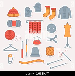 Set of cute vector stickers sewing icons. Flat style. EPS 10 Stock Vector